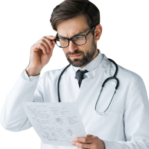 Dr. Arif Mahmud Chowdhury carefully reviewing a patient's scan notes